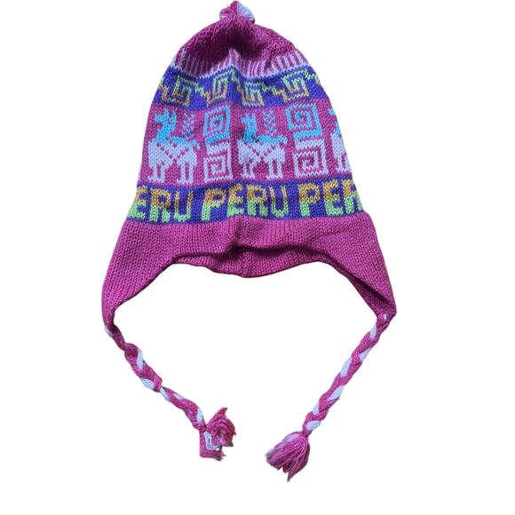 Peruvian Alpaca Wool Chullo Laplander Hand Knit Fringe Winter Hat Llama Pink - Picture 1 of 3